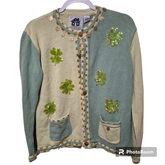 Vintage Storybook Knits Cardigan Sweater HSN St. Patrick's Clover Green Sz S - Picture 10 of 13